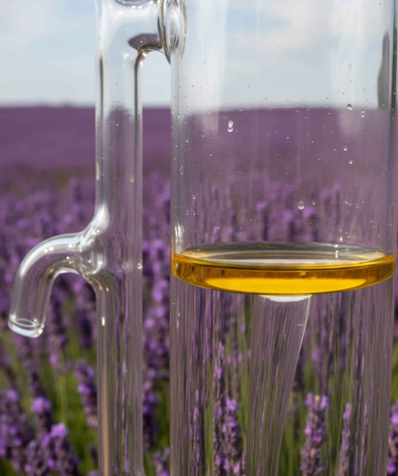 Golden oil in a glass vessel against a lavender field