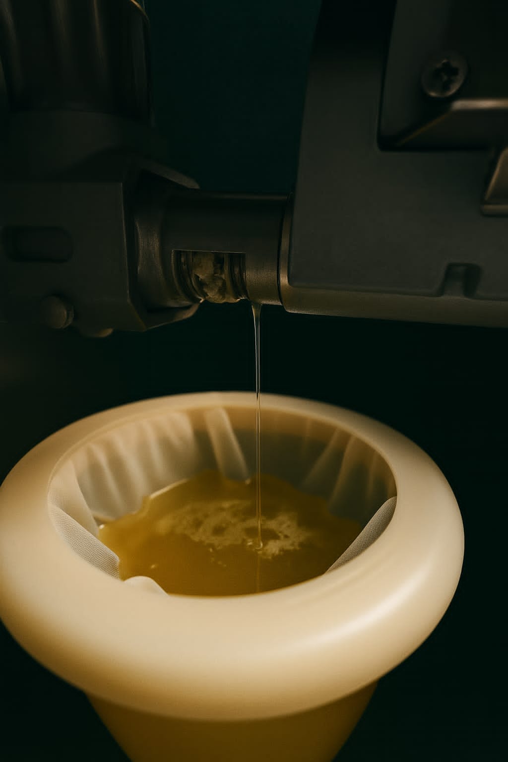 Golden oil flowing from a press into a filter bowl